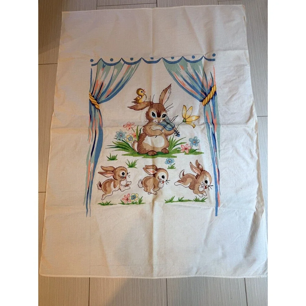 Vintage Style Bunny Rabbit Quilt Top Panel Playing Violin Linen Cotton Blanket